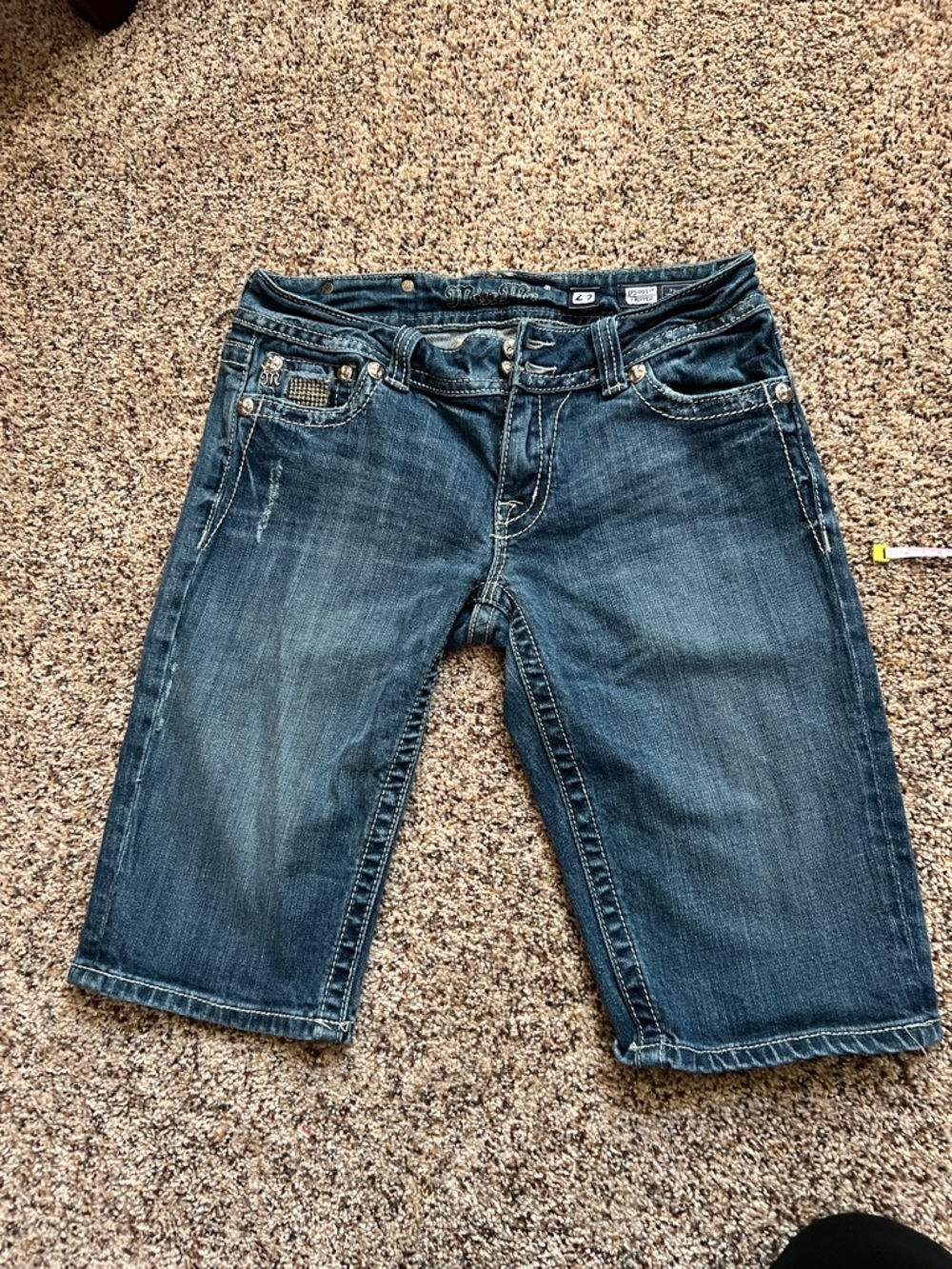Miss Me Dark Blue Denim Bermuda Shorts with Contrast Stitching